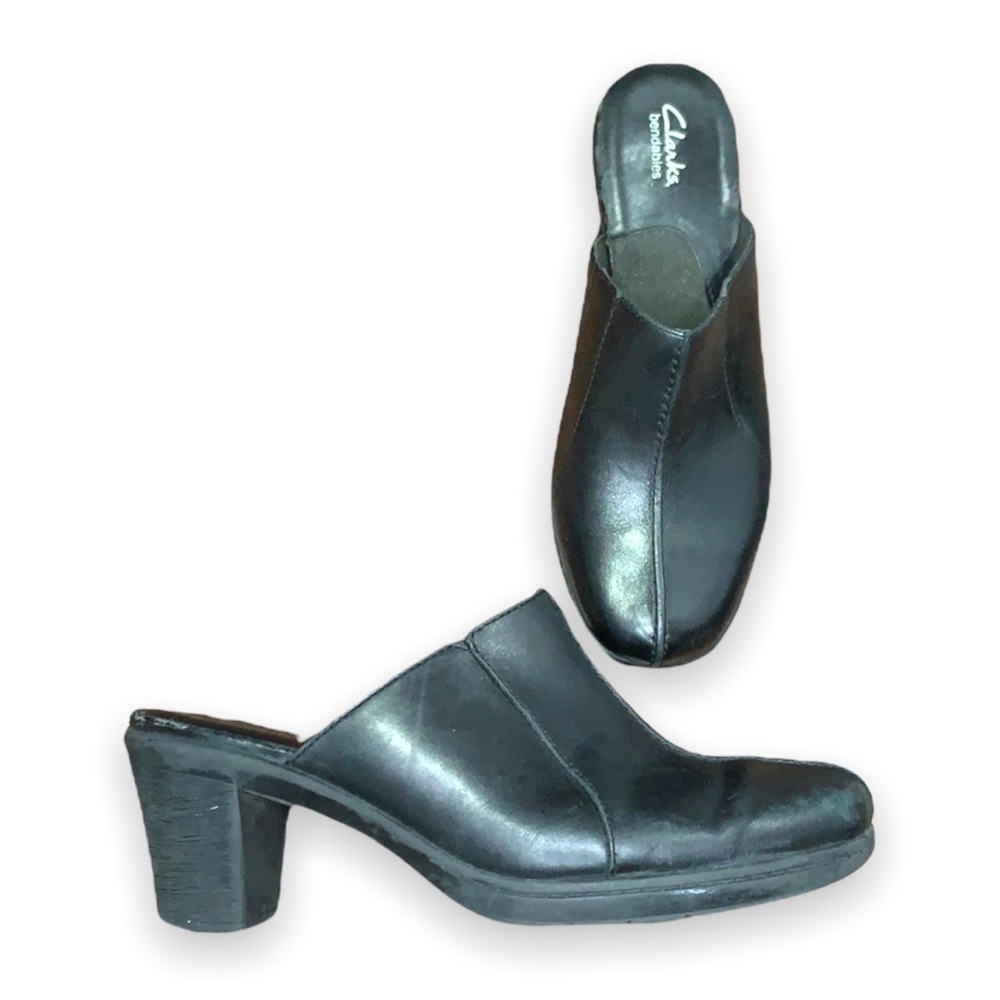 Clarks Bendables Black Leather Mules Slides Comfort Loafers Size 8